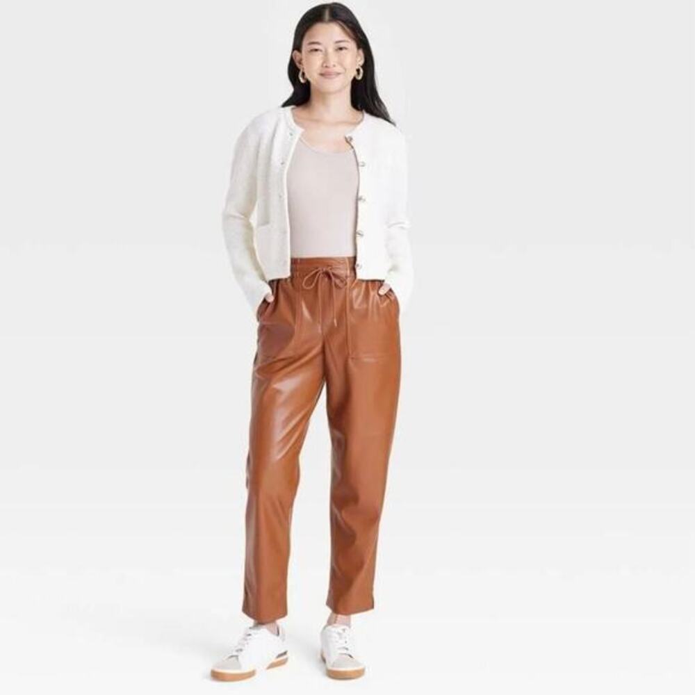 A‎ New Day Women's High Rise Faux Leather Tapered Ankle Pull On Pants Brown M